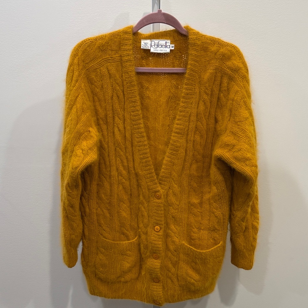 Vintage Rafaella Mustard Cable Knit Cardigan Womens L Cozy Y2K Chunky V-Neck